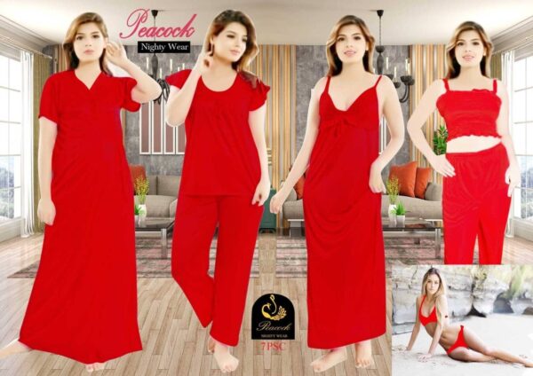 Best Quality 7 Part Indian Nighty For Women- Red