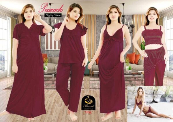 Best Quality 7 Part Indian Nighty For Women- Chocolate